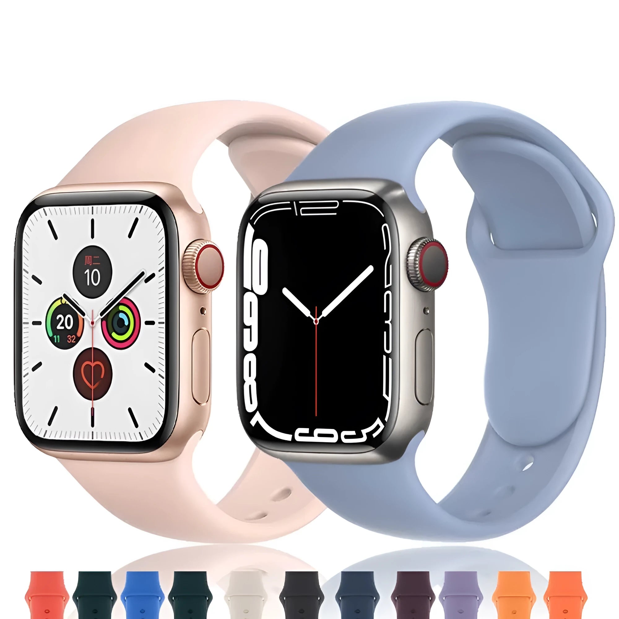 Silicone Apple watch replacement strap in black, shown fitted to a 44mm watch case.