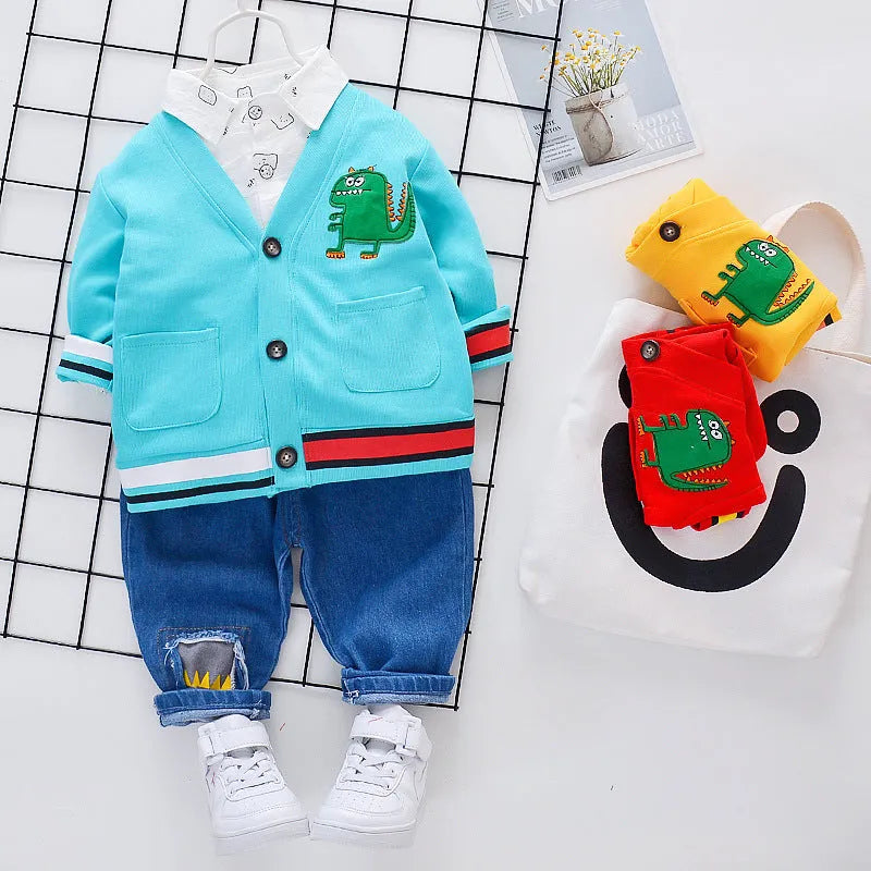 Children's dinosaur hole pattern three-piece cotton suit in yellow with long sleeves