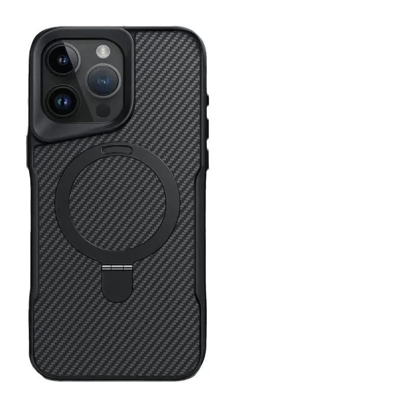 Carbon fiber magnetic bracket phone case for iPhone 16 Pro Max in black with frosted finish and built-in stand