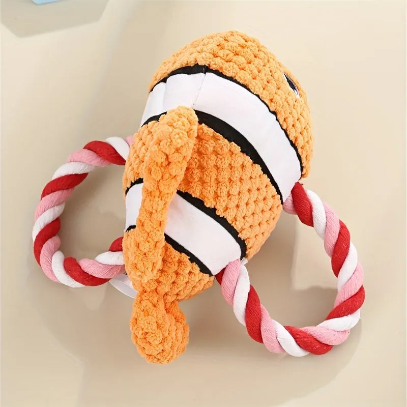 Turtle shaped dog chewing toy with knotted rope sections and plush fabric in grey colour