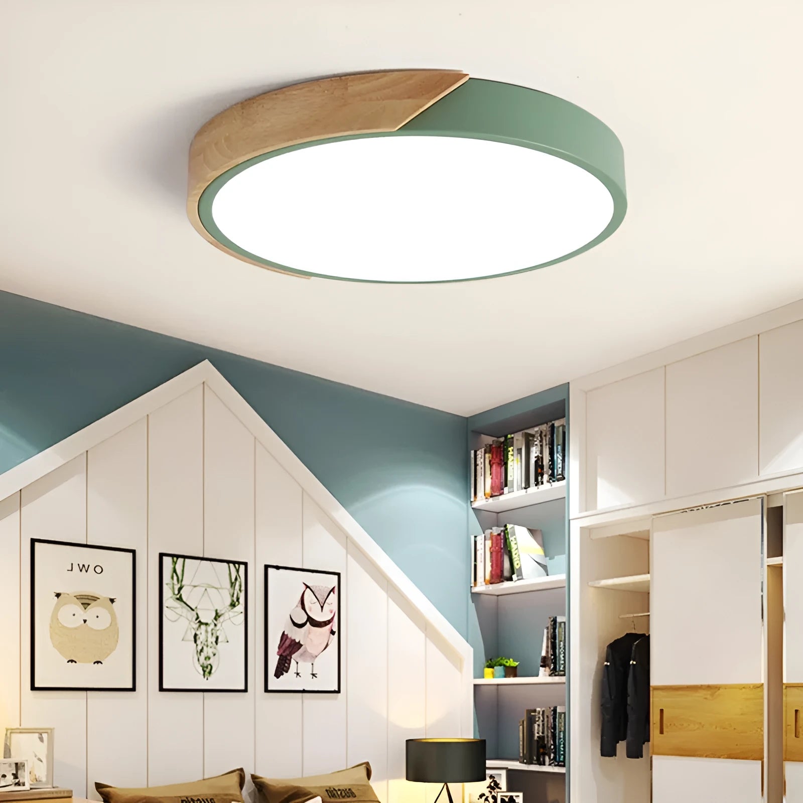 30cm round plastic LED ceiling light with remote control, shown in a white finish.