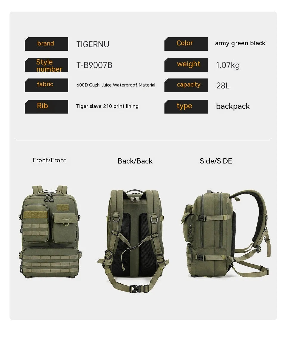 Army green waterproof tactical backpack with 17-inch frame and 20-35 litre capacity.