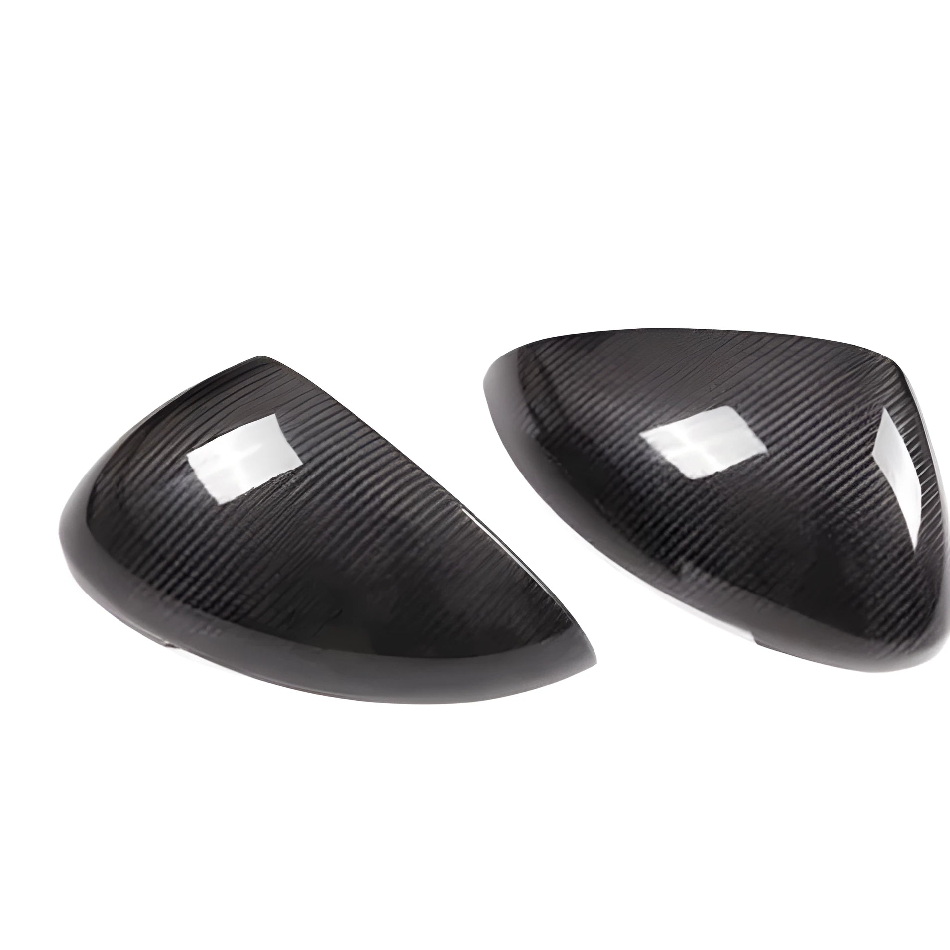 Pair of real carbon fibre rearview mirror covers for Porsche Macan, showing black woven texture.