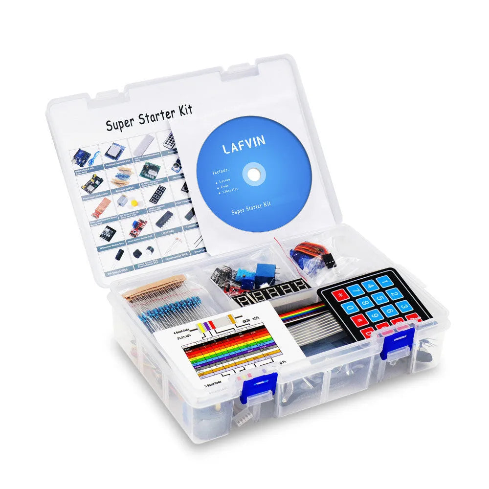 LAFVIN Arduino UNO R3 starter kit with blue board, breadboard, components, and CD