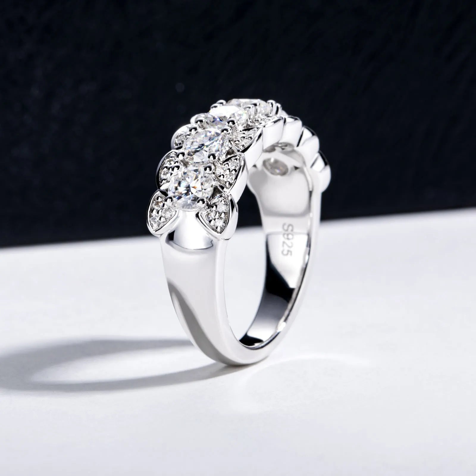 925 silver 18K gold electroplated closed ring with full moissanite and diamond stones, geometric shape, white colour