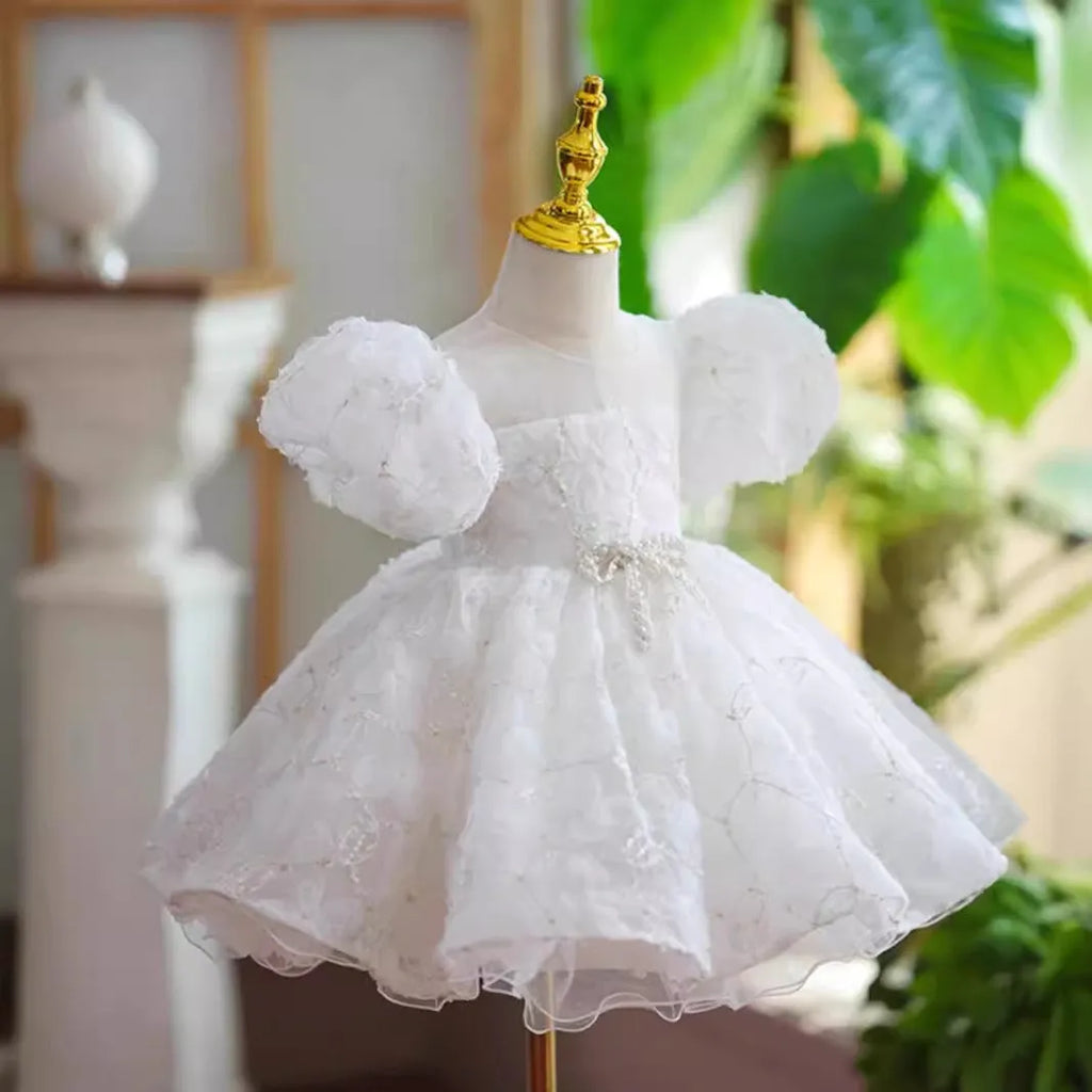 Girls' 100-day birthday party dress beige puff sleeve super fairy princess, white colour option available