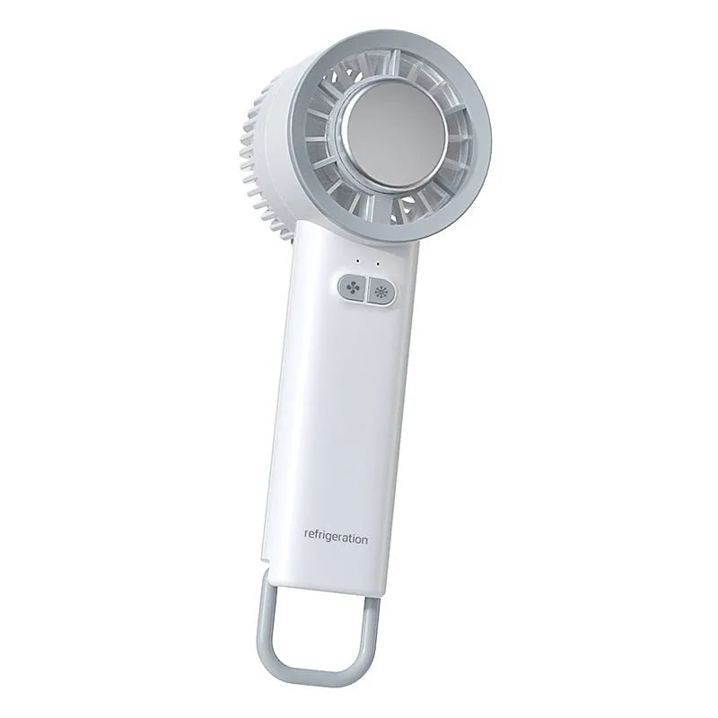 White handheld turbo jet fan with ice cold function showing three blade design and touch controls