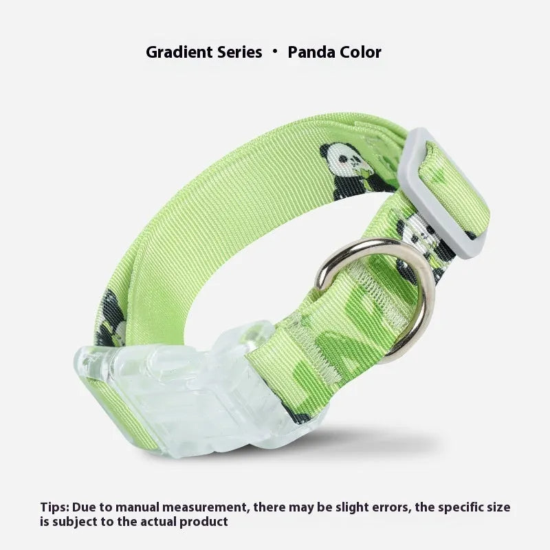 Adjustable nylon dog collar with cartoon gradient print in green, showing buckle and D-ring on a size chart.