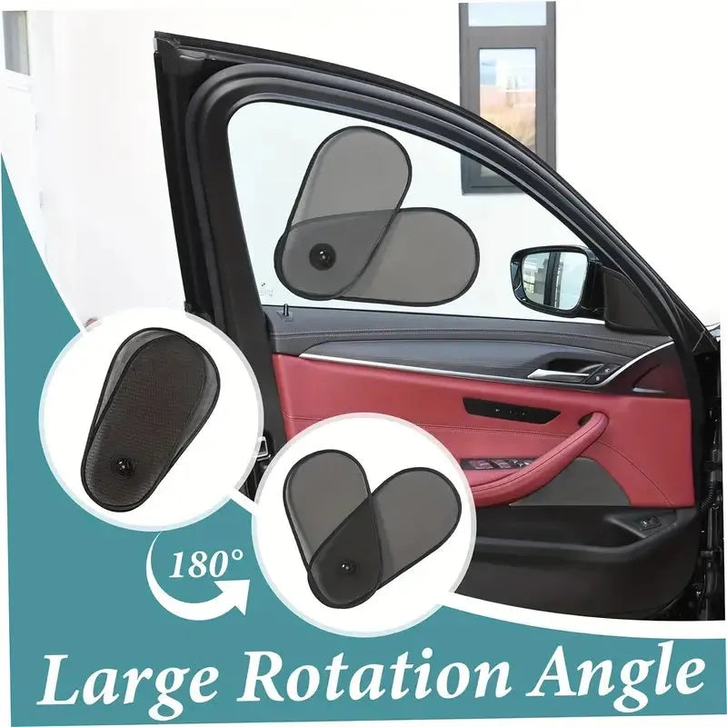 Black stretchy car window shade with suction cups attached to a car side window.