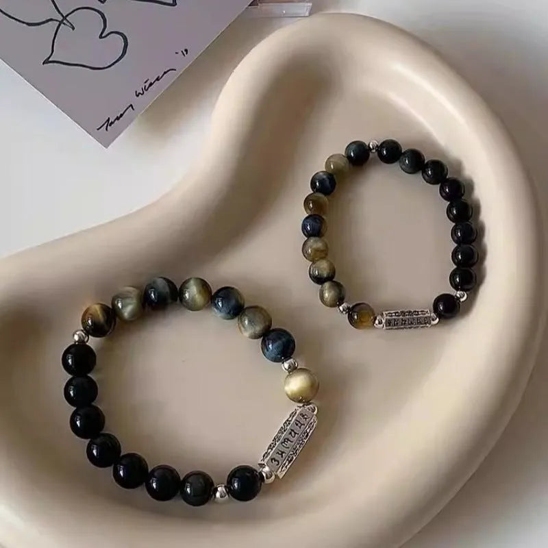 Tigereye Obsidian gemstone bracelet with six words mantra engraving on S925 sterling silver, Chinese style geometric round bead design.