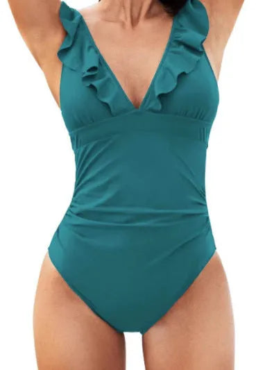 Women's apricot V-neck one-piece swimsuit with lace-up front and flounce detail on a mannequin.
