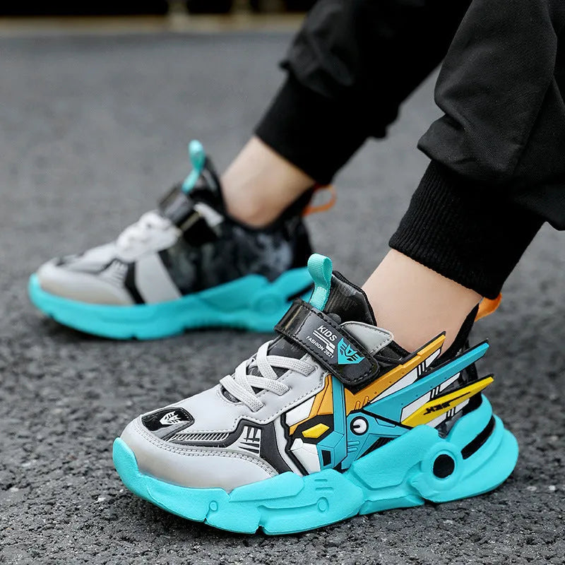 Children's leather-look running shoes with Velcro straps in yellow, black-red, and blue colour options
