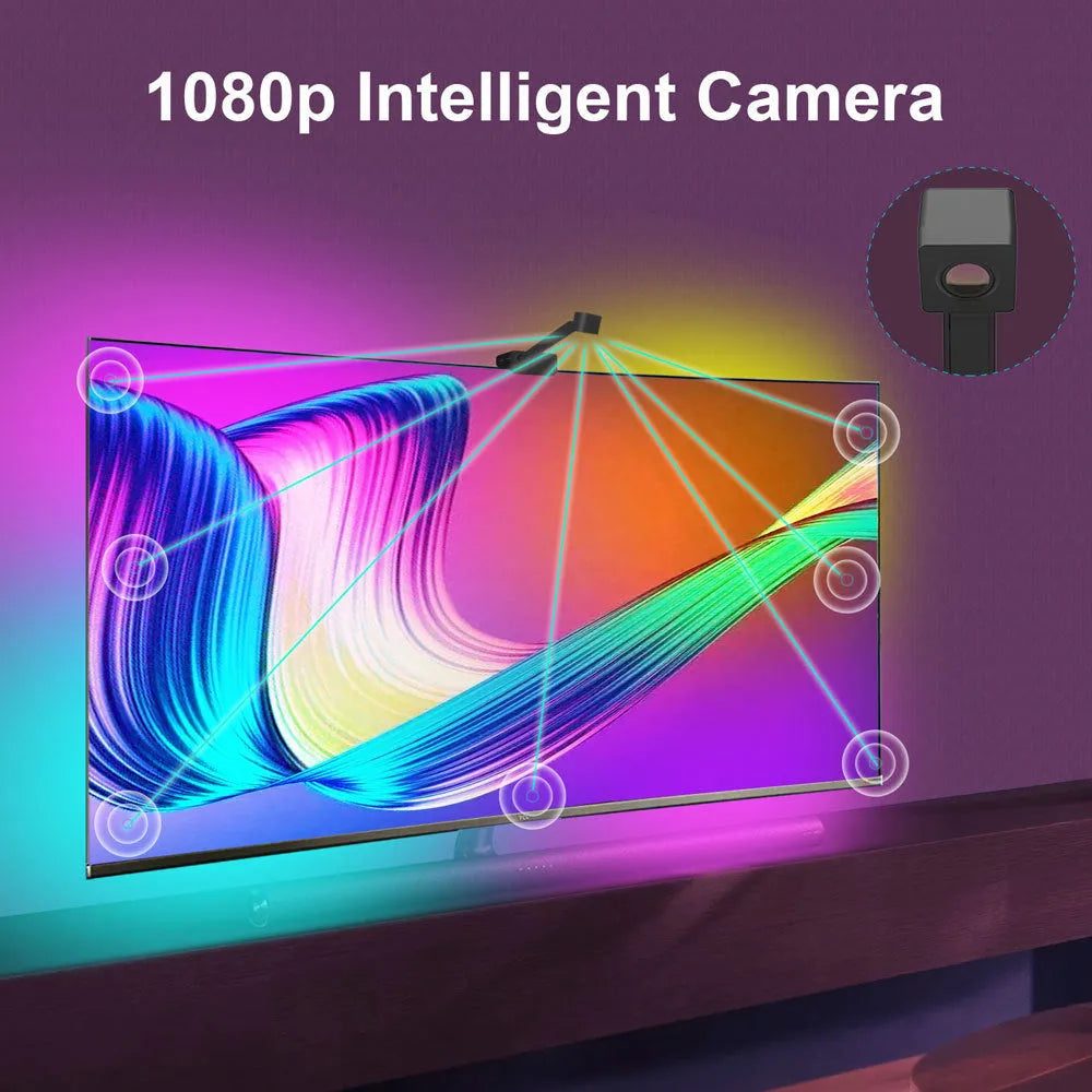 Black smart TV LED backlight strip with camera controller for screen sync and remote control
