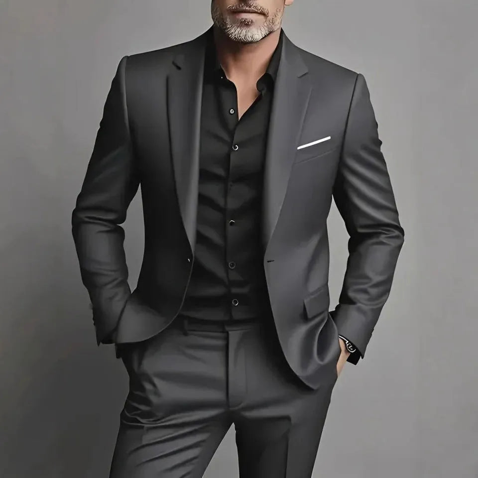 Men's slim fit two-piece suit set in black cotton blend with coat and trousers