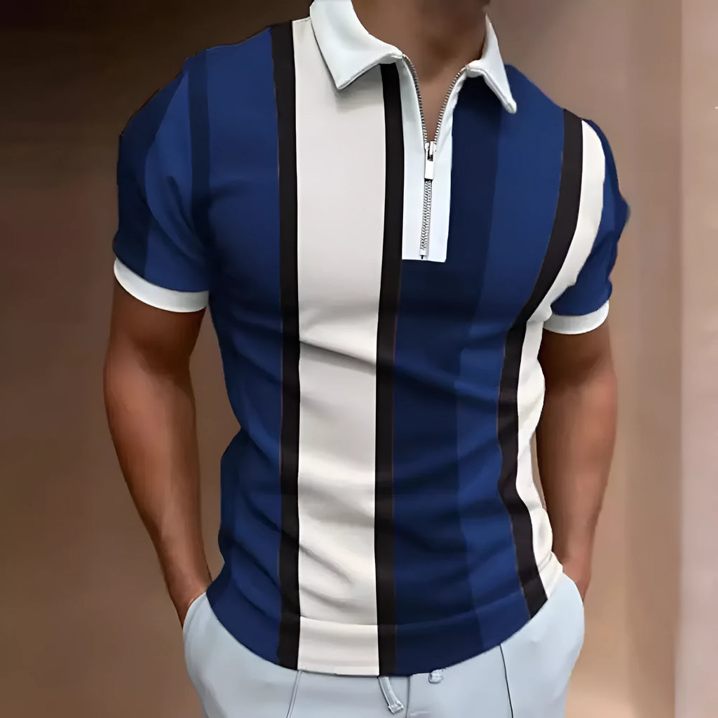 Men's striped short-sleeved polo shirt with slim lapel and zipper details, in multiple colours including white and army green