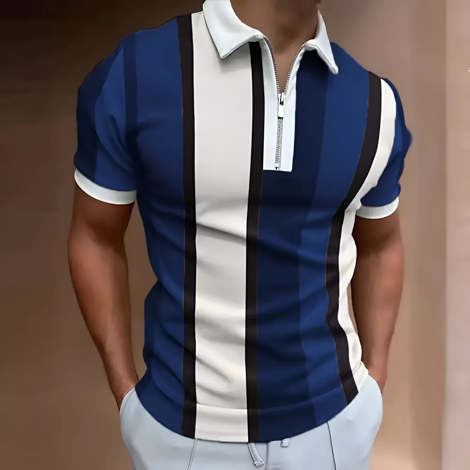 Men's striped short-sleeved polo shirt with slim lapel and zipper details, in multiple colours including white and army green