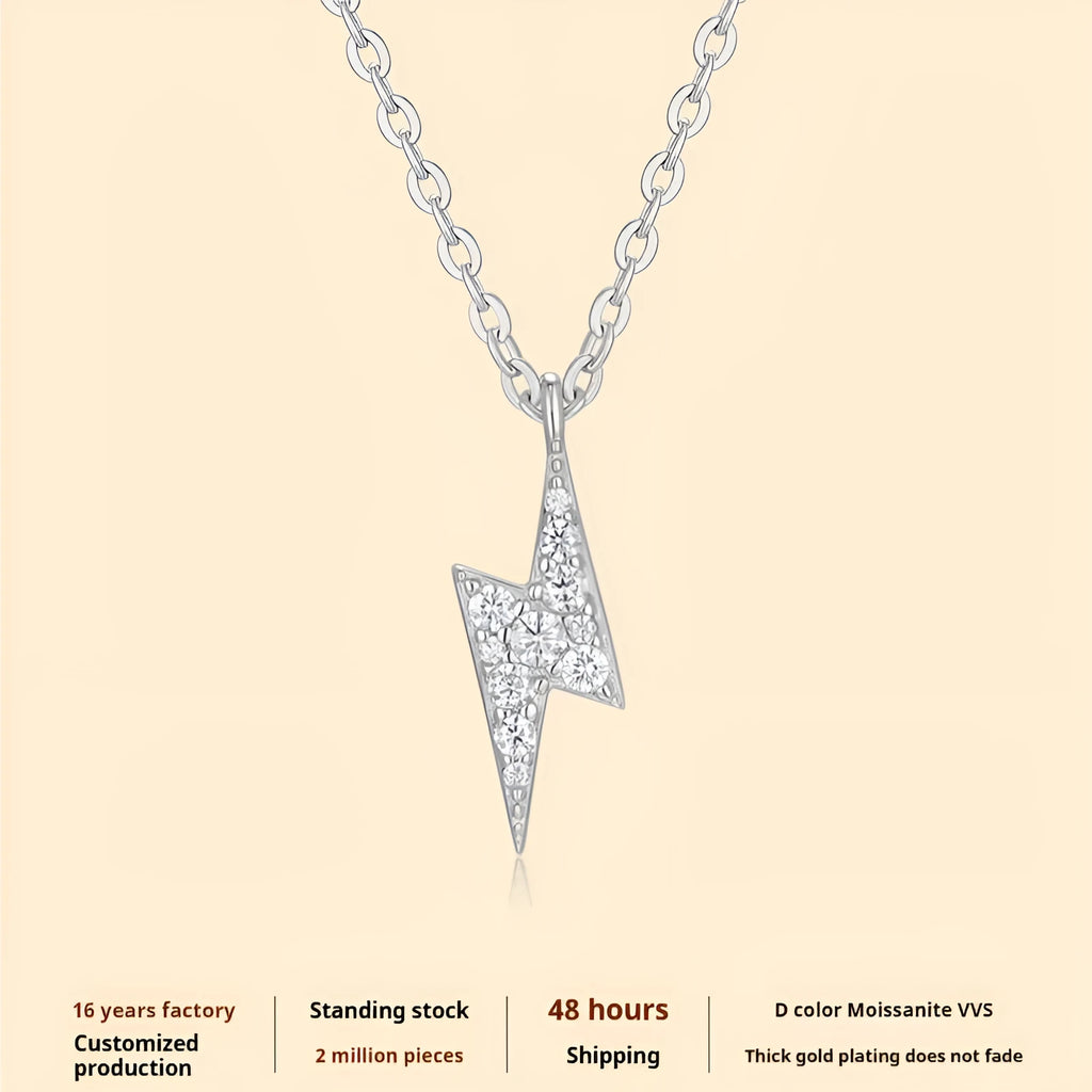 S925 Sterling Silver moissanite necklace with lightning pendant and cross chain on white background
