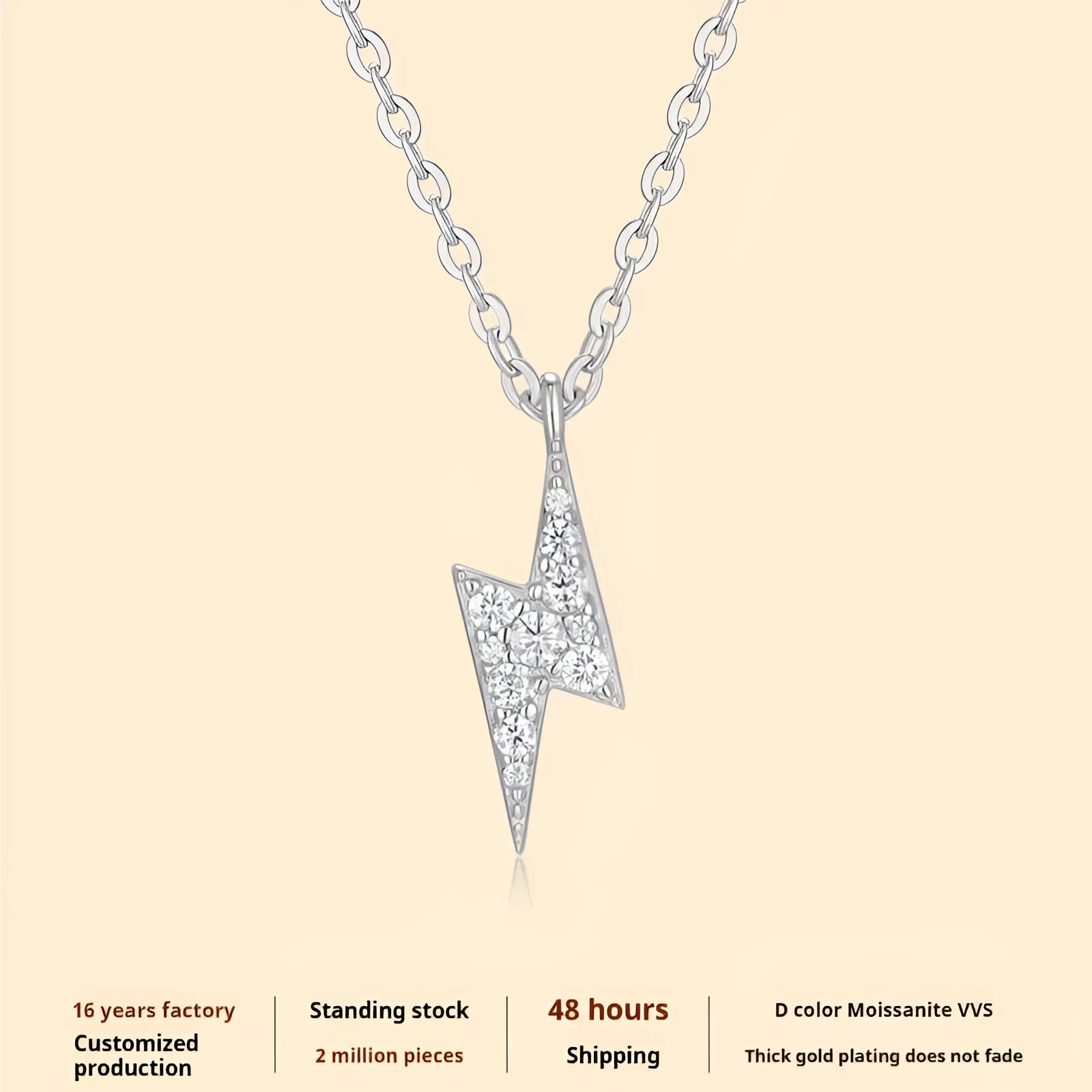 S925 Sterling Silver moissanite necklace with lightning pendant and cross chain on white background