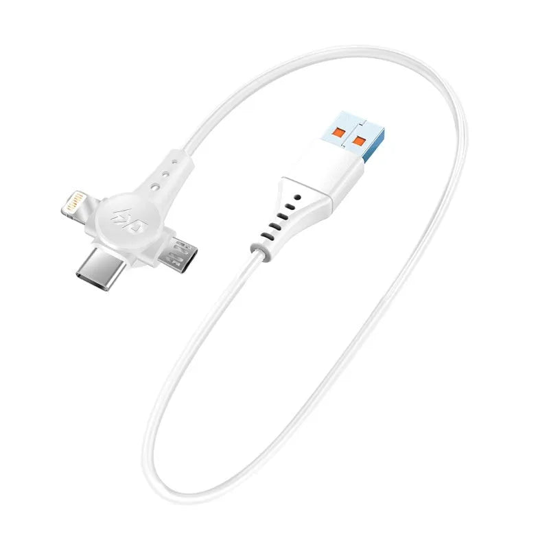 Black telescopic spring data cable with Lightning, Micro USB, and USB Type-C connectors extended to full length.