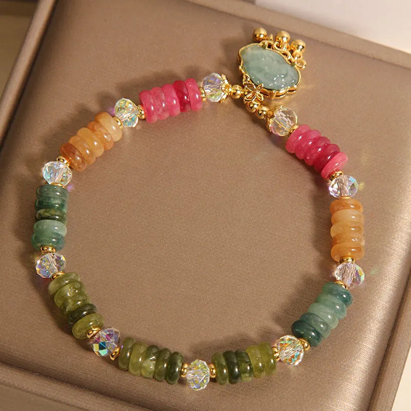 Colourful tourmaline jade Xiangyun pattern crystal bracelet with alloy inlay setting for ladies jewellery