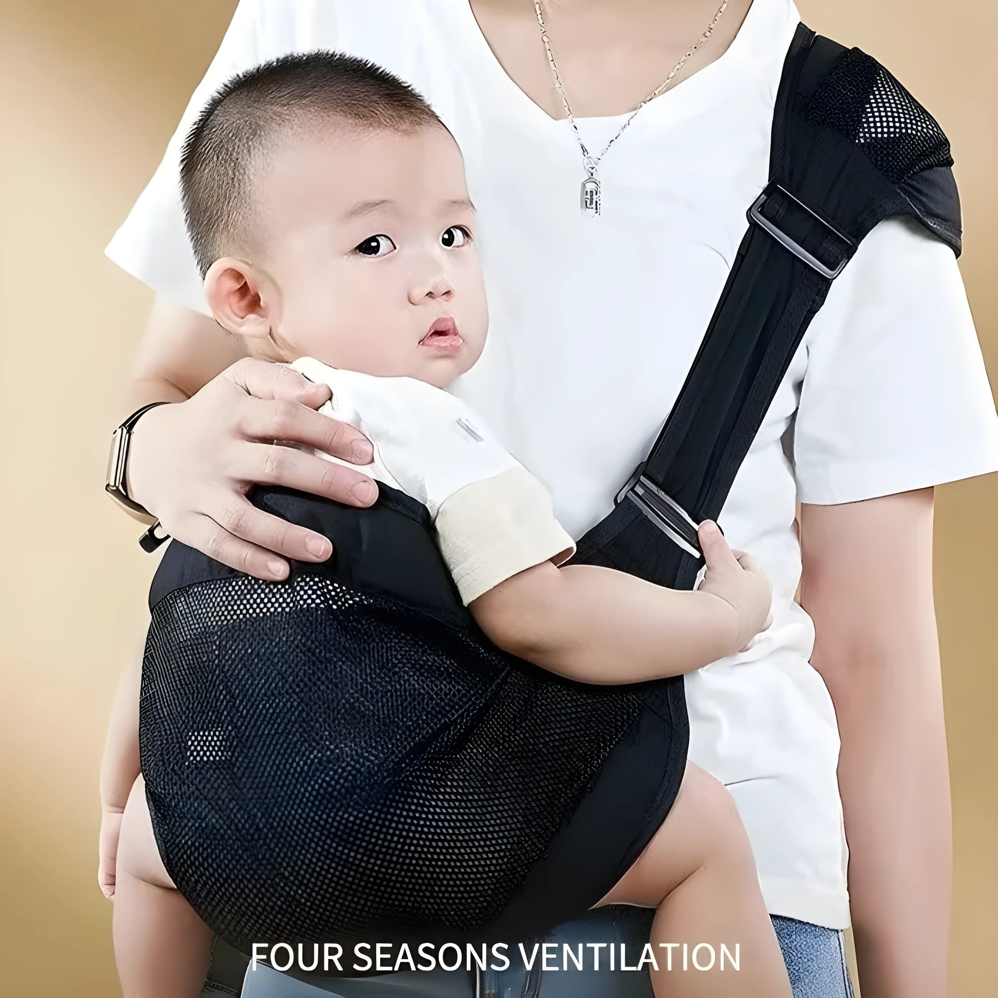 Cloth baby waist stool carrier for newborns and toddlers, shown in one of four colour options: black, green, gray, or pink.