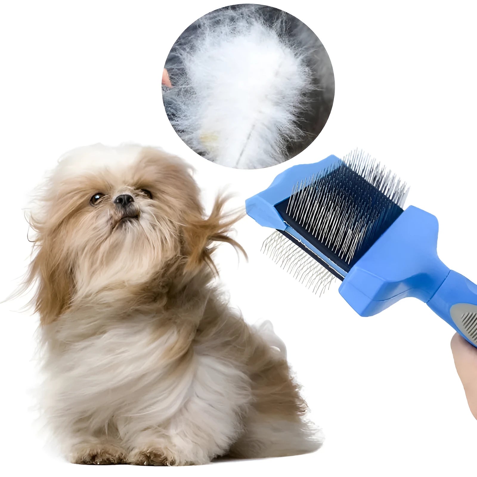 Double sided pet grooming brush with stainless steel pins on a blue handle