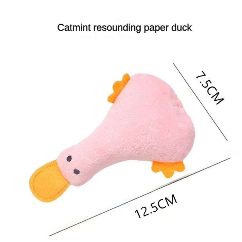 Yellow duck plush pet toy with squeaker and catnip filling for dogs and cats