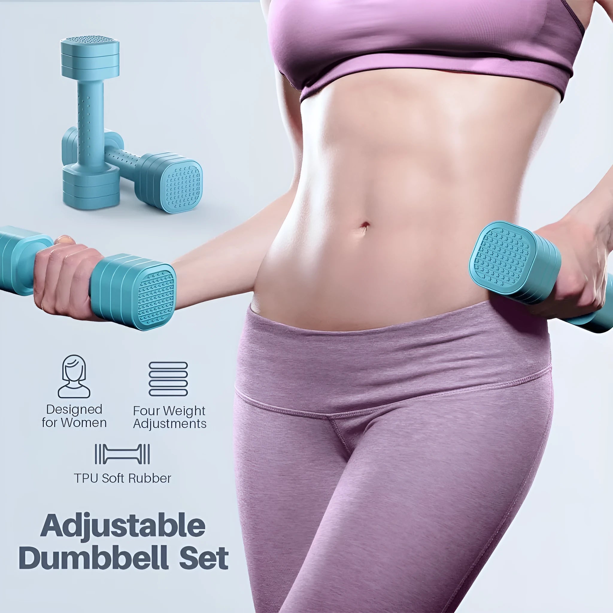 A set of pink detachable plastic dumbbells for women's fitness on a grey background.