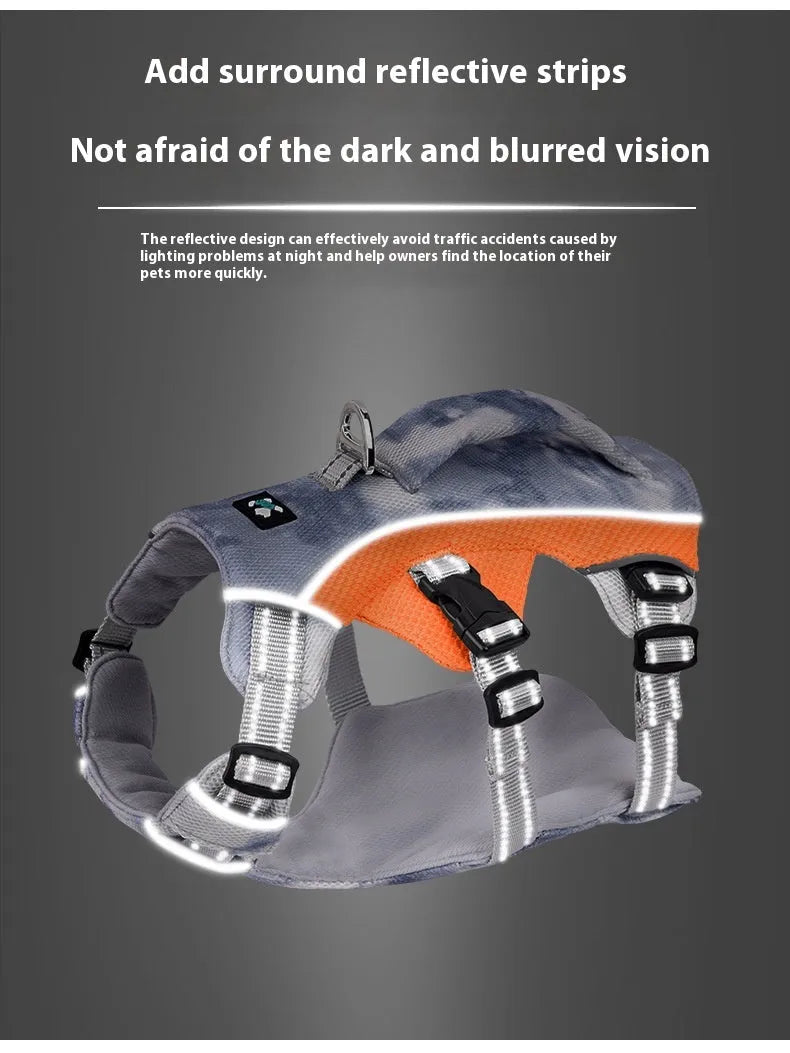 Reflective light blue dog chest strap showing size and polyester material.