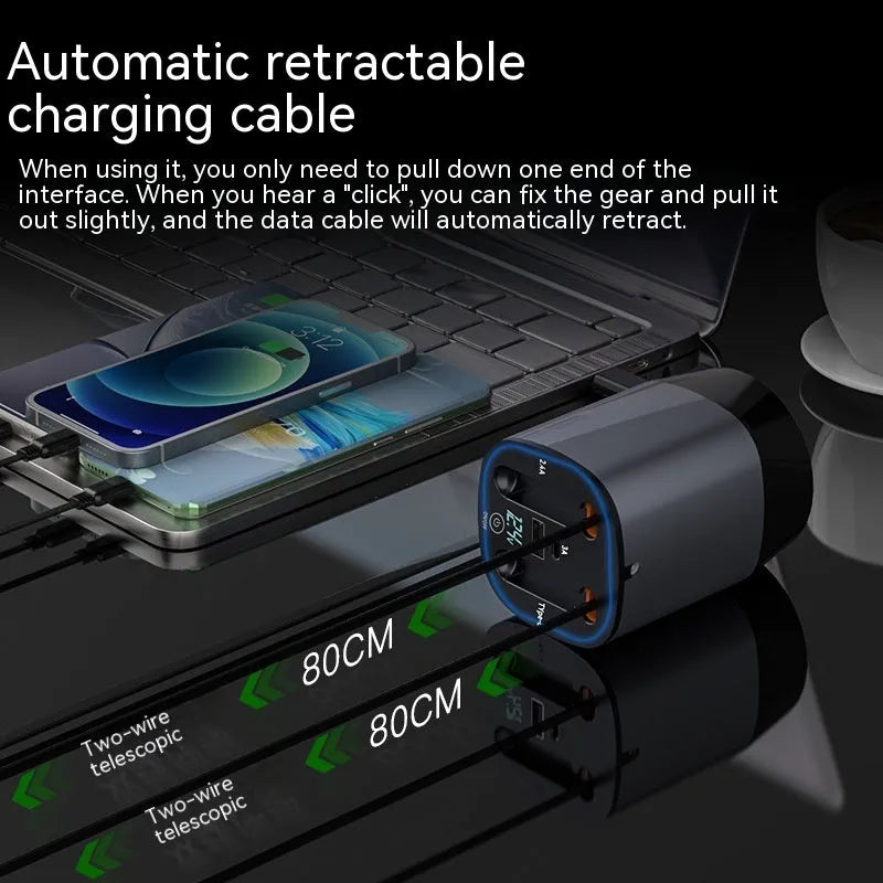 Grey matte black cup car charger with retractable cable and multiple charging ports