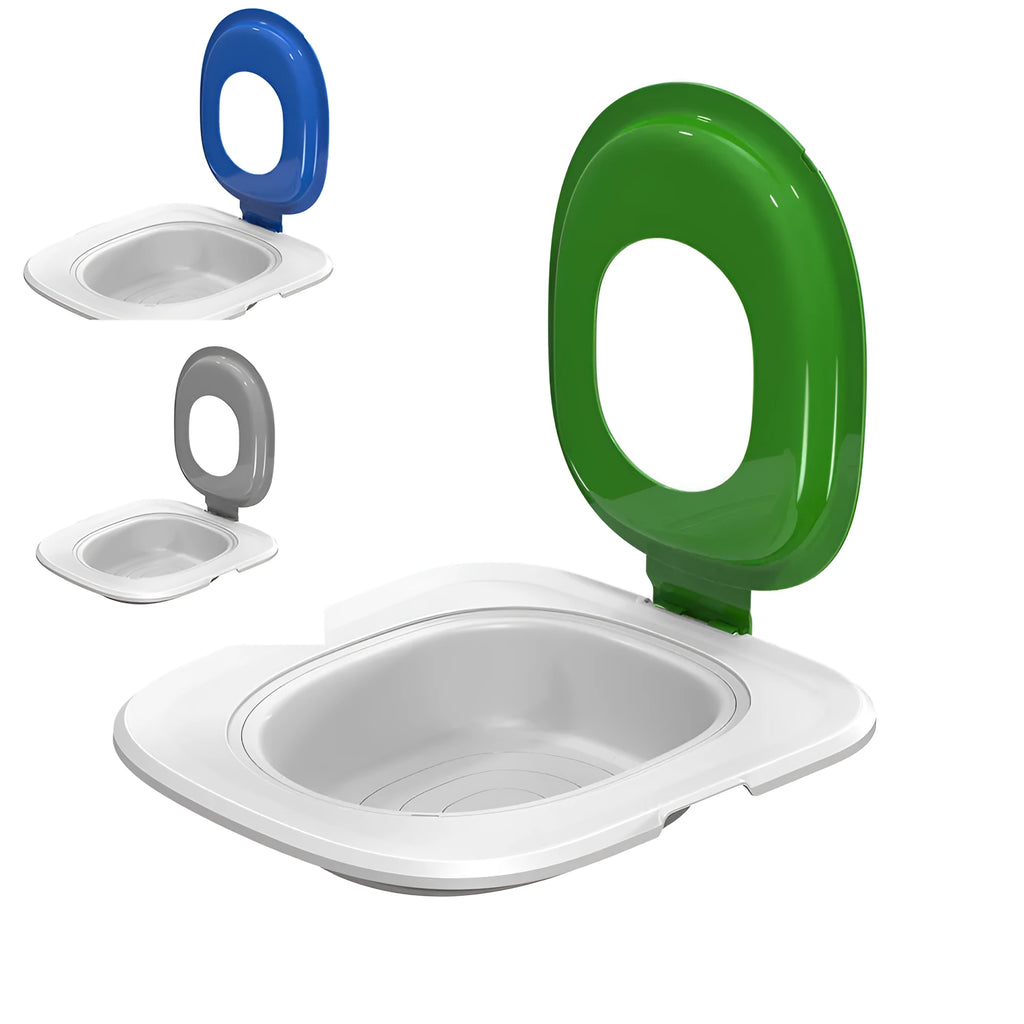 Fifth generation cat toilet trainer in grey, green, and blue colour options, made from ABS plastic.