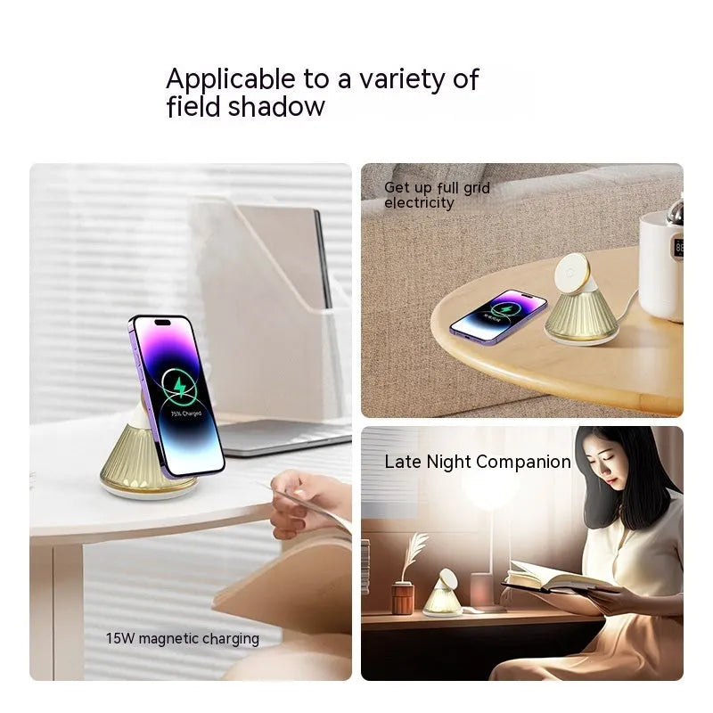 Wireless charging bedside lamp with magnetic charging seat in champagne gold or gun metal colours