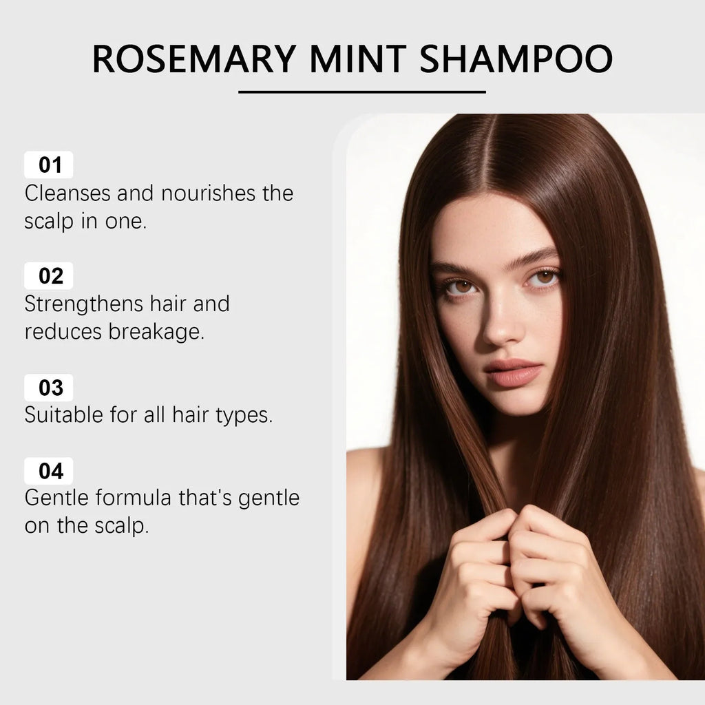 100ml bottle of rosemary mint shampoo with botanical extracts including rosemary, mint, aloe vera, and tea root