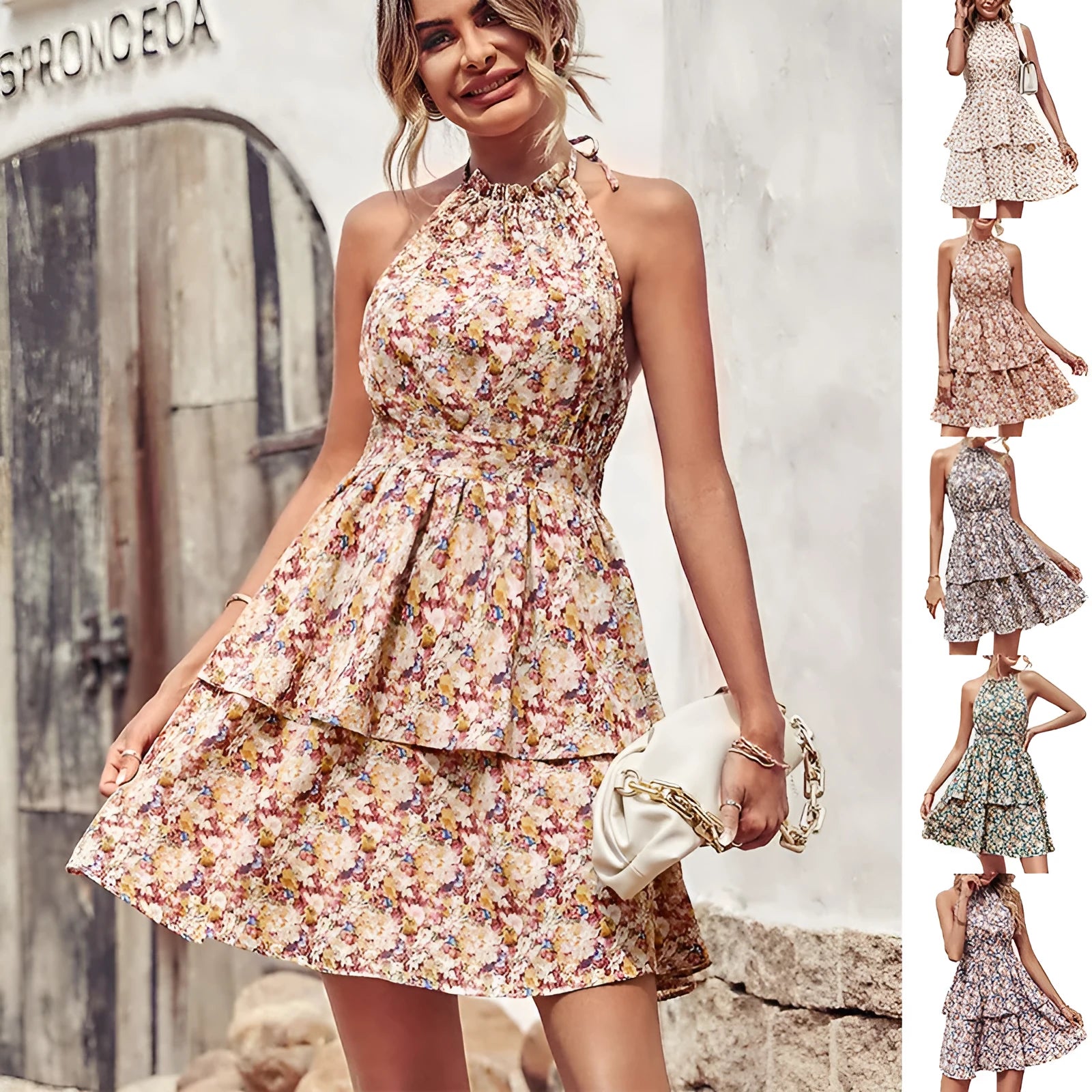 Women's apricot red halter neck summer dress with backless design and ruffled A-line skirt.