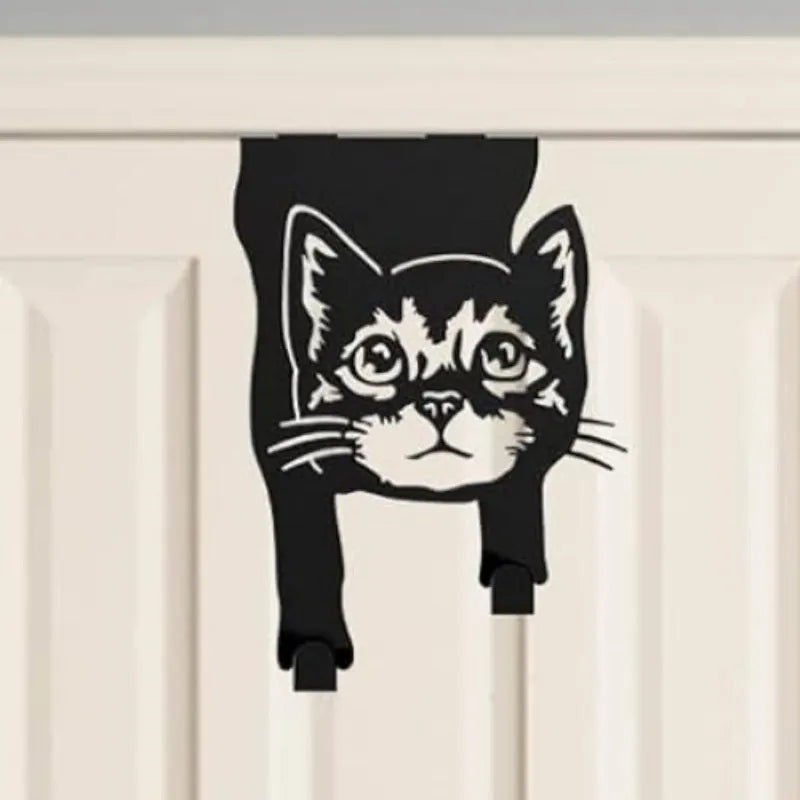 Black iron decorative cat wall hook with punch-free mounting system for accessories
