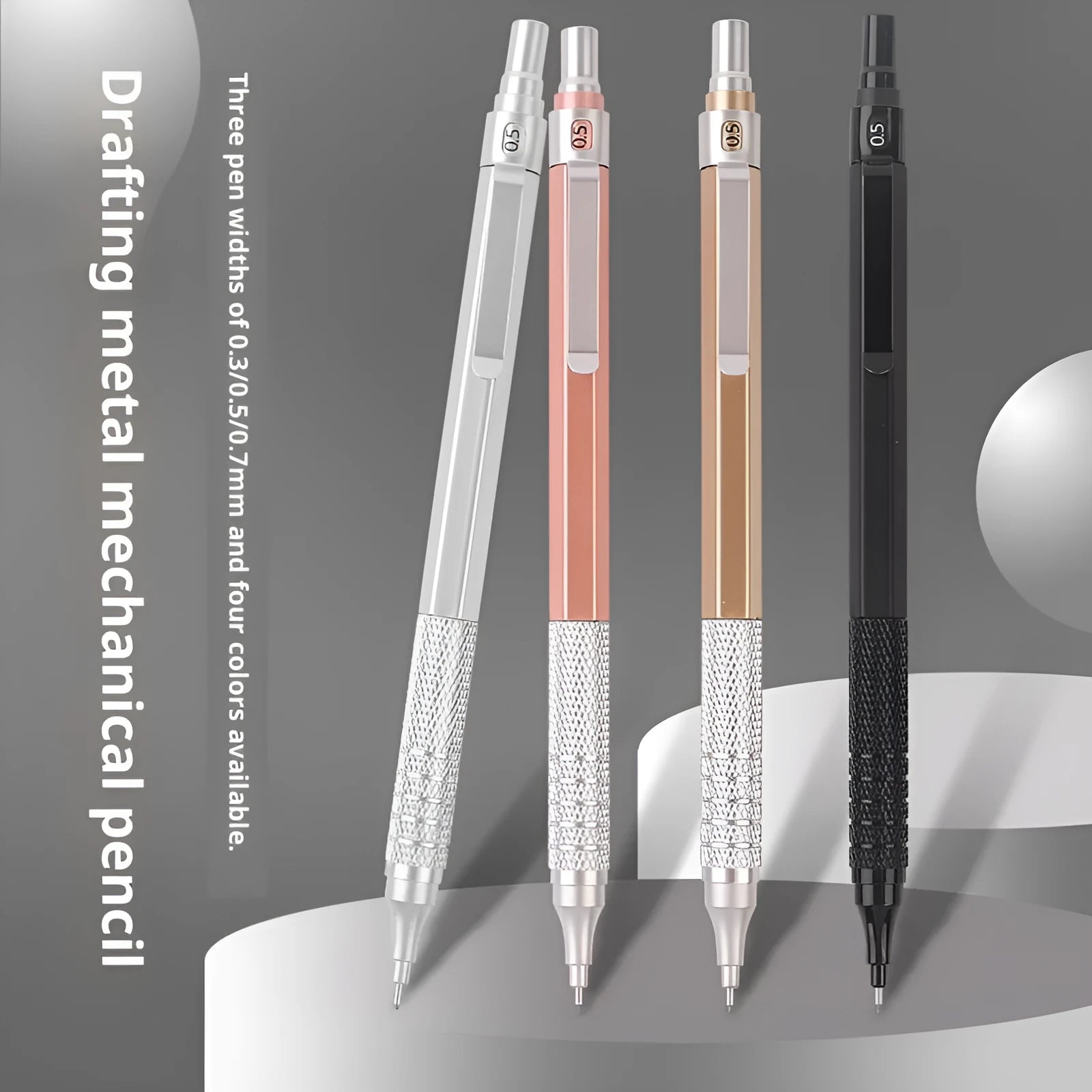 Low centre of gravity metal propelling pencil in black with metal barrel and visible tip