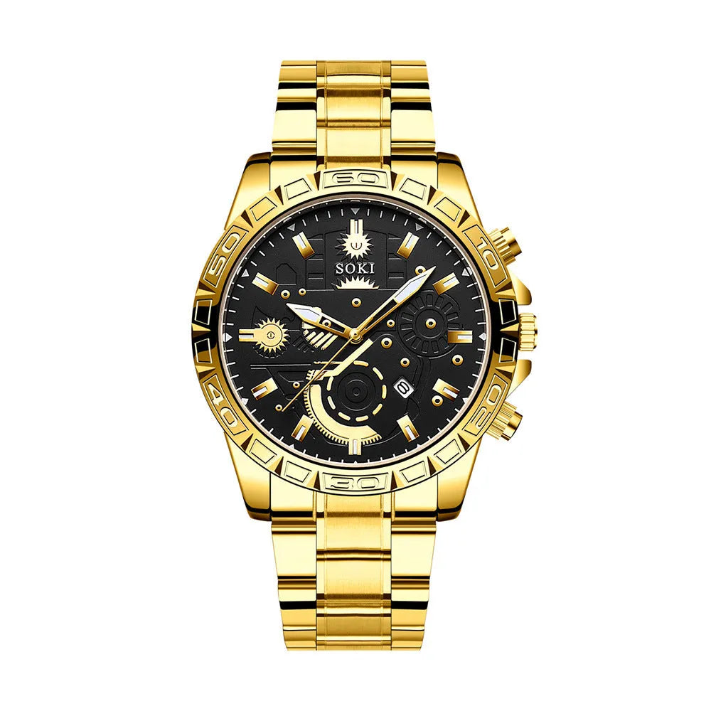 Gold-colour men's business quartz watch with stainless steel strap on wrist.