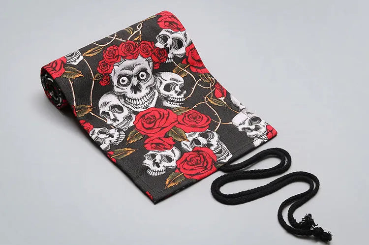 Canvas pencil wrap roll up case with elastic bands showing multiple slots for pens and pencils