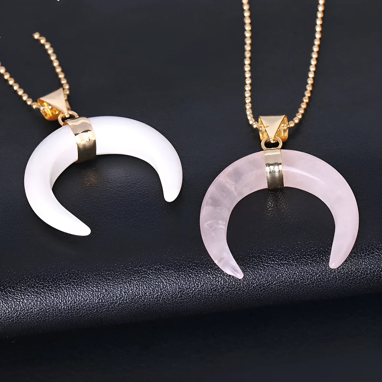 Natural stone moon pendant necklace with copper fittings and electroplated finish on adjustable 45cm chain