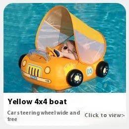 Pink inflatable children's swimming ring with a steering wheel and cartoon sports car boats pattern.