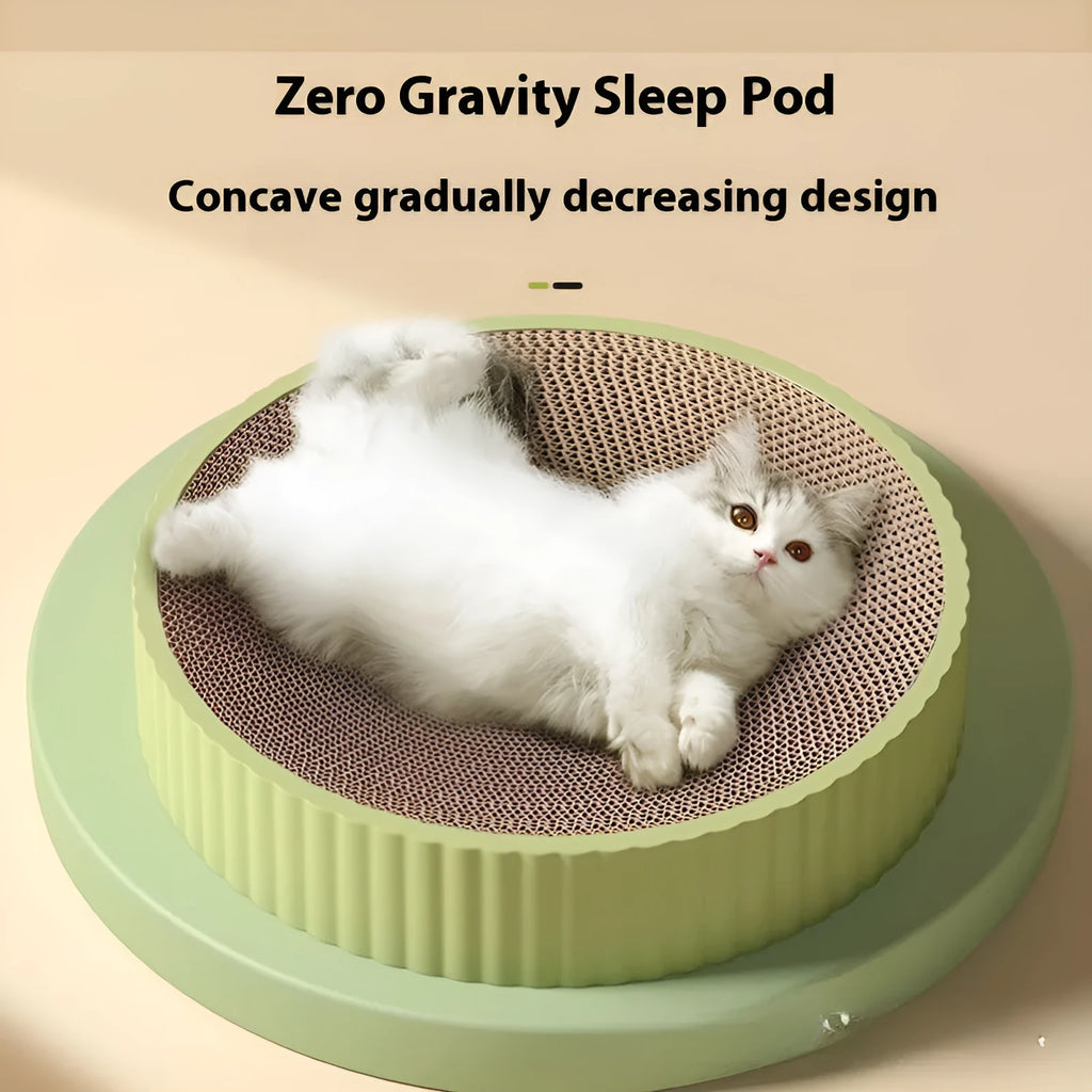 Round green and white cat scratching board with corrugated paper centre and two replacement refills.