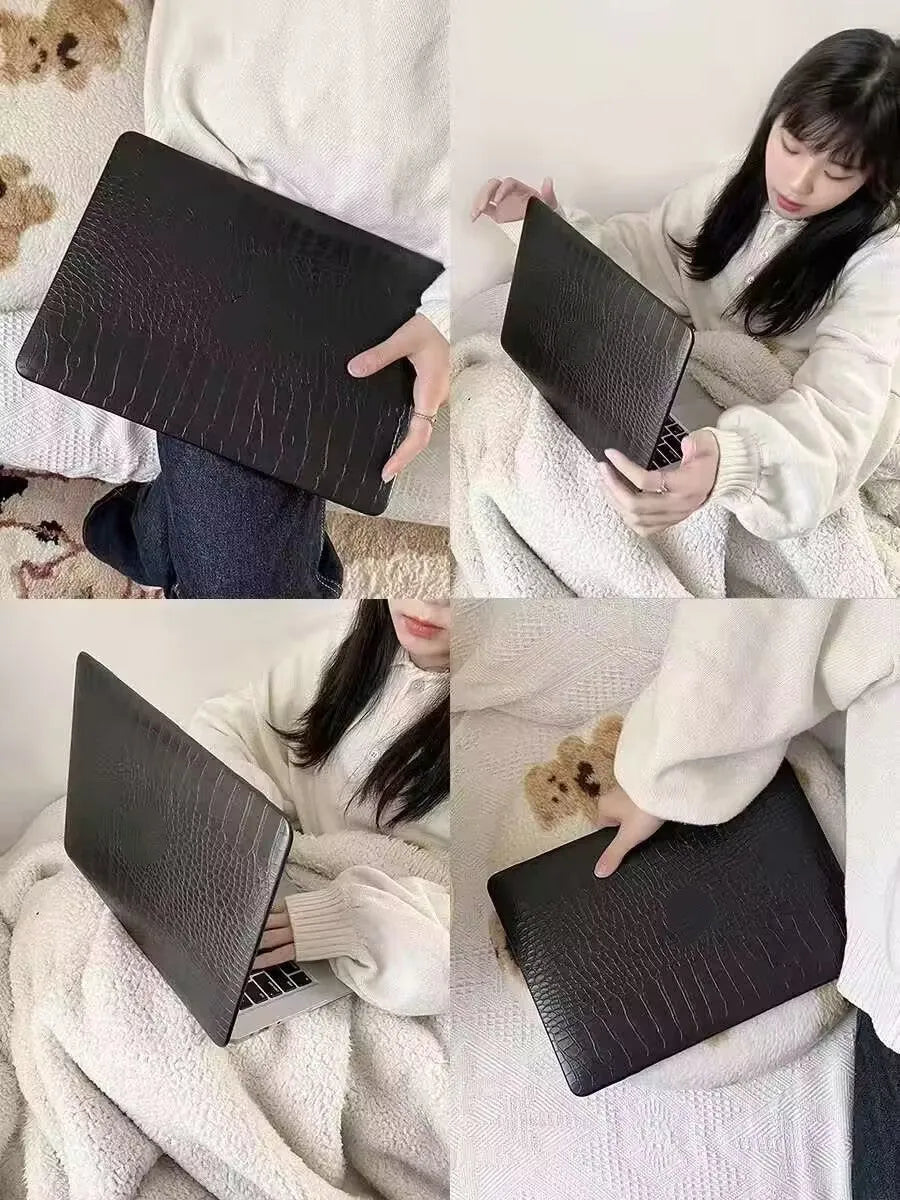 MacBook laptop protective case with leather pattern texture and hollowed-out Apple logo in black colour