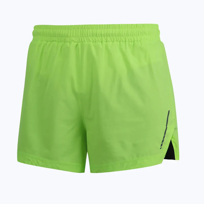 Grey straight-leg men's running shorts made from quick-drying polyester fabric on a mannequin.