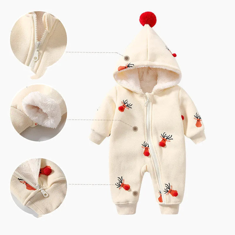Khaki baby crawling suit with Christmas moose pattern showing padded one-piece construction