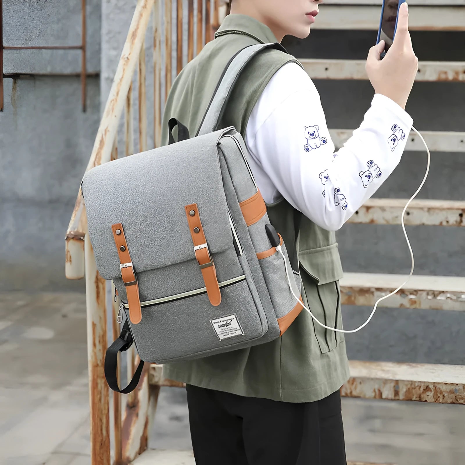 Three-piece business backpack set in Oxford cloth with curved shoulder straps