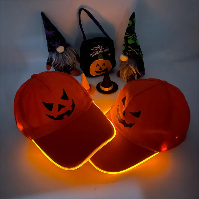 Halloween LED baseball cap with illuminated pumpkin design and adjustable free size fit