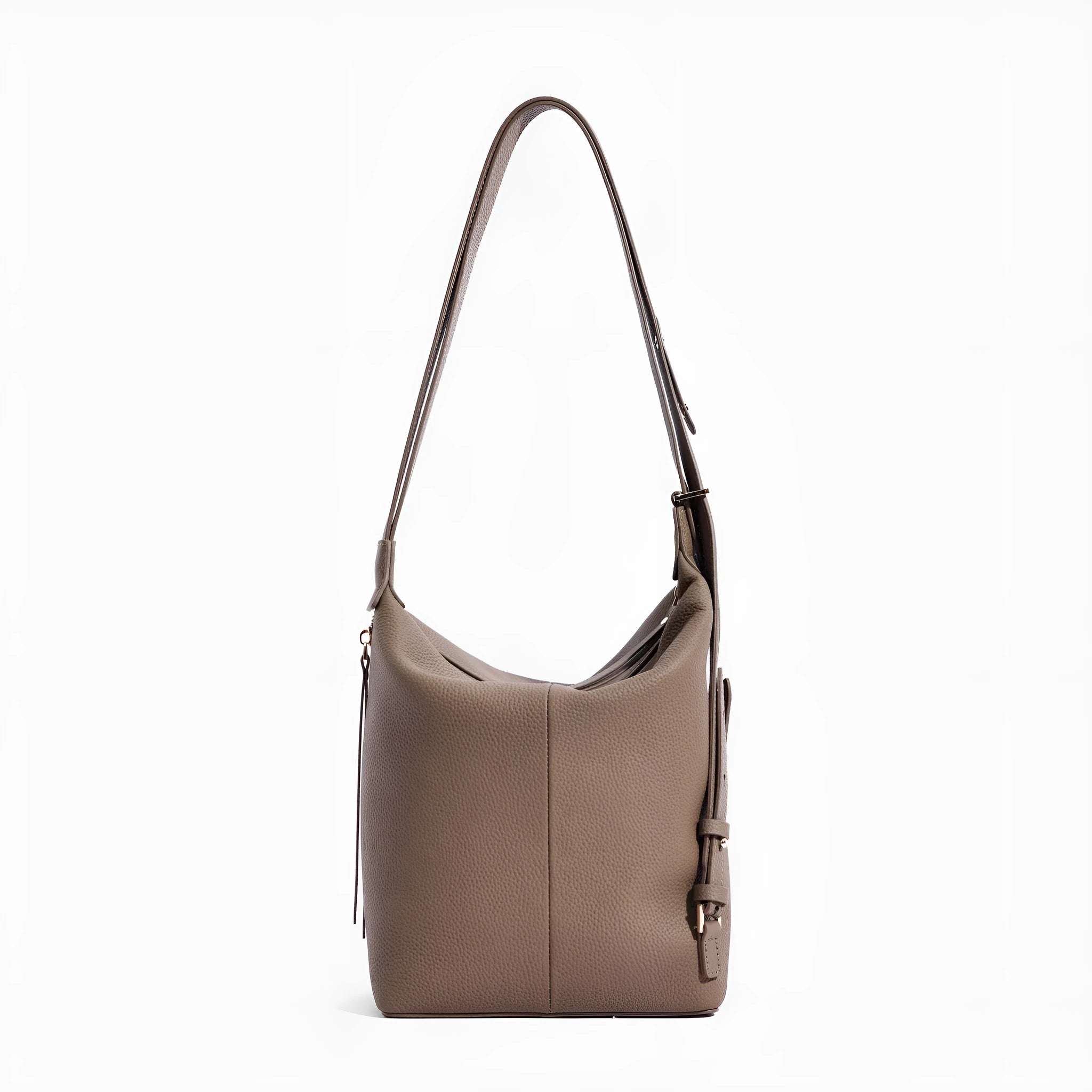 Soft genuine cowhide women's bucket shoulder bag in elephant grey, shown from the side.
