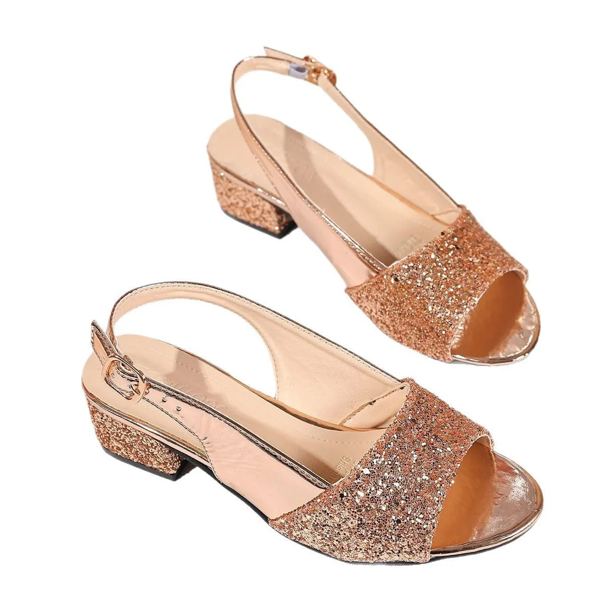 Open toe buckle sandals with fish mouth toe holder in gold and silver colour options