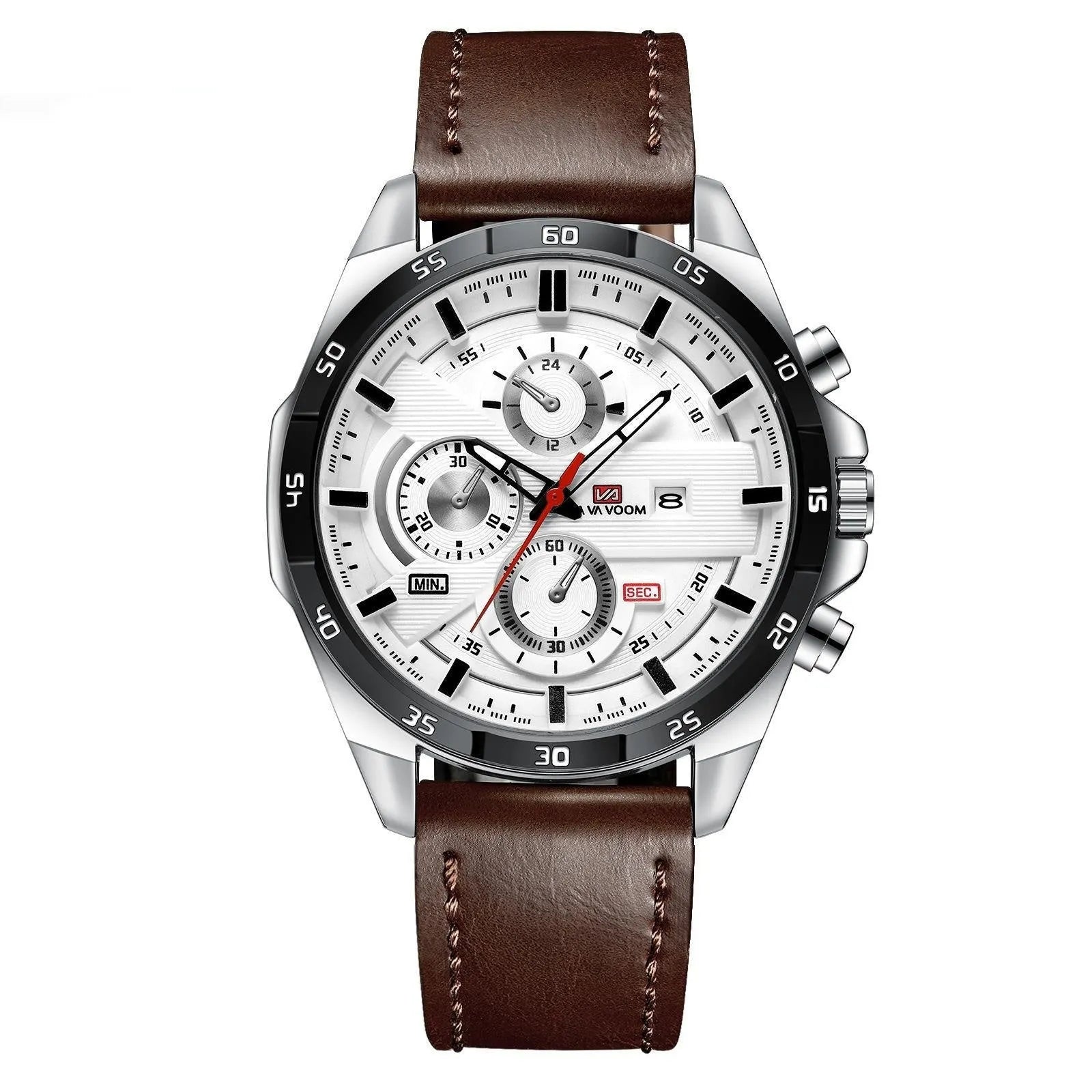 Men's black leather strap watch with rose gold case and calendar window on dial.