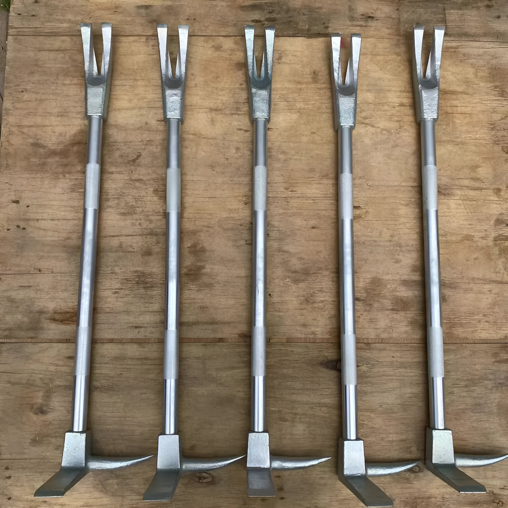 Silver carbon steel wrecking bar 24 inches 61cm multifunctional fire breaking tool on plain background